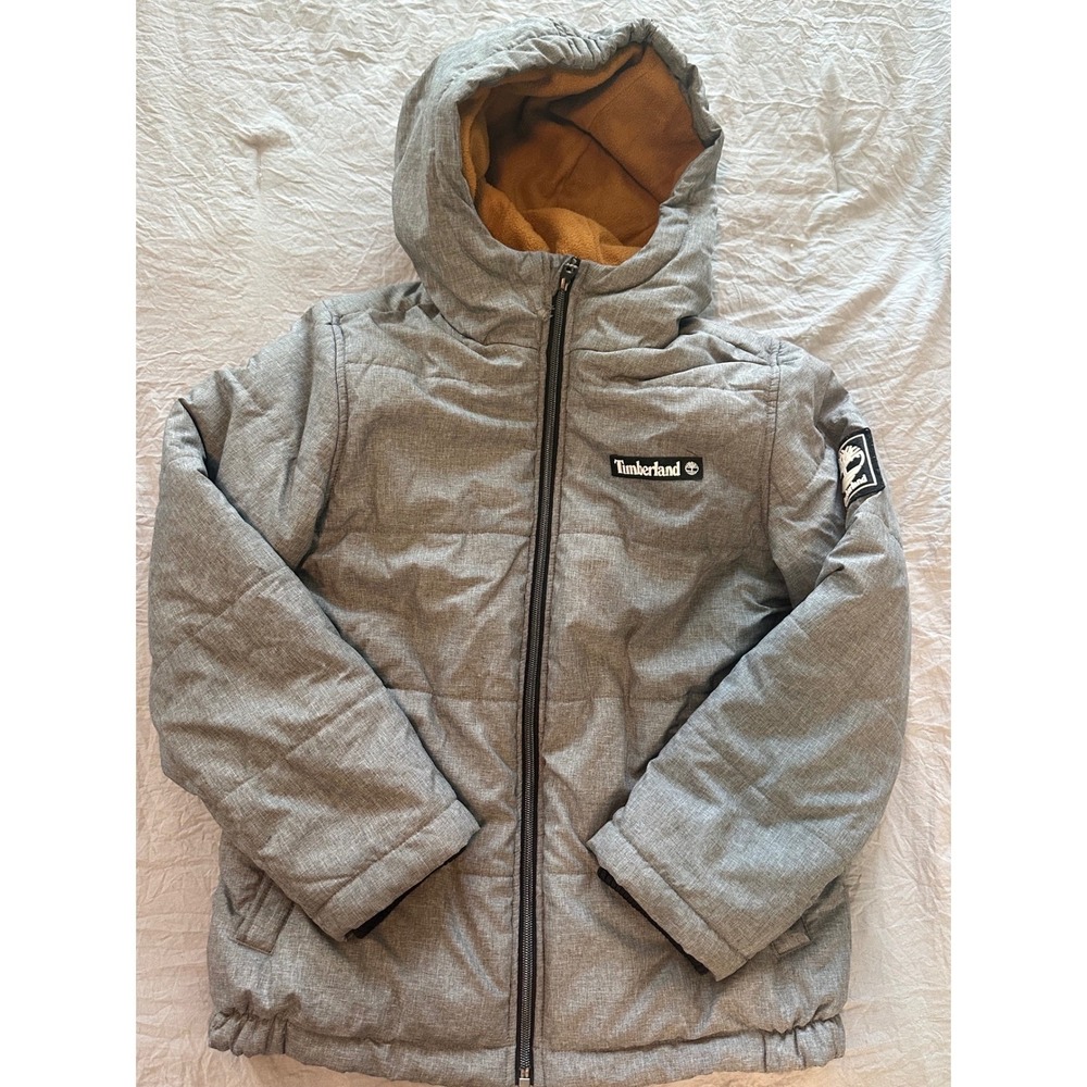 Timberland Kids Grey Puffer Jacket Fleece Lined Hooded Winter Coat size M 10-12